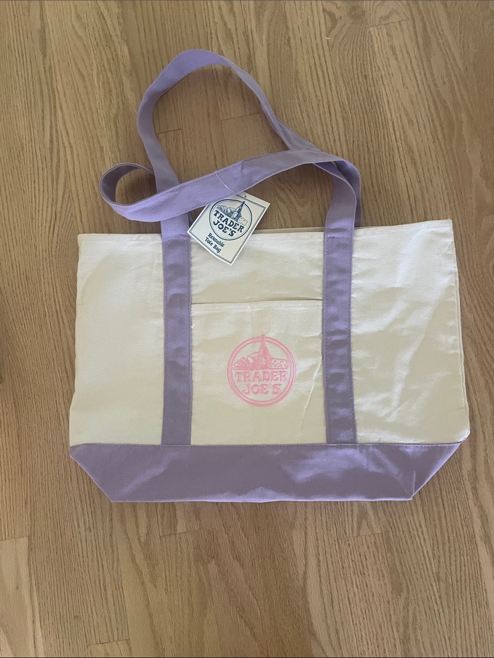 Trader Joe’s Large Lavender and Cream Canvas Tote Bag NWT